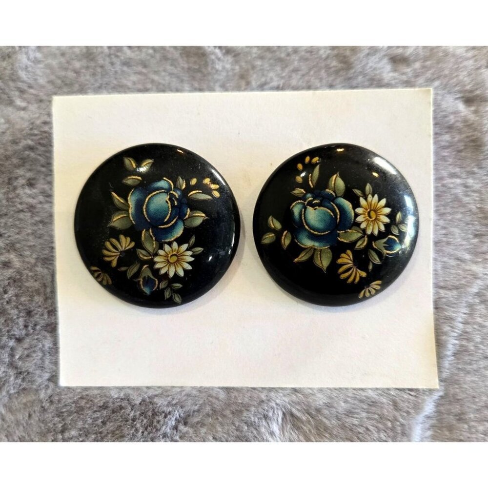 Vtg Black Enamel Floral Earrings 1" Round Hand Painted Wood Stud Post MCM